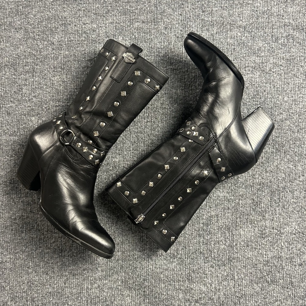 Harley-Davidson Boots Womens Size 8 Black Leather Studded Mid Calf Pointed Toe
